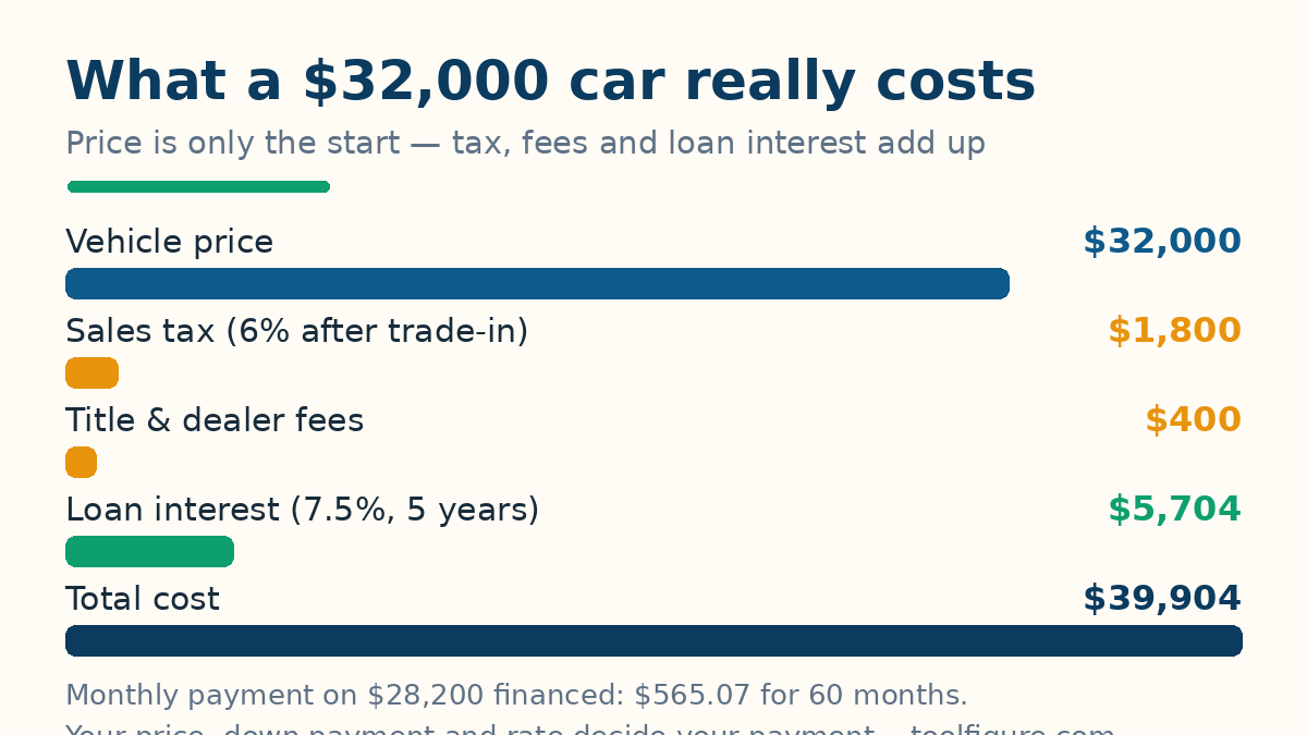 Bar chart of the worked example: a $32,000 vehicle price, $1,800 sales tax, $400 fees and $5,704 of loan interest making a $39,904 total cost