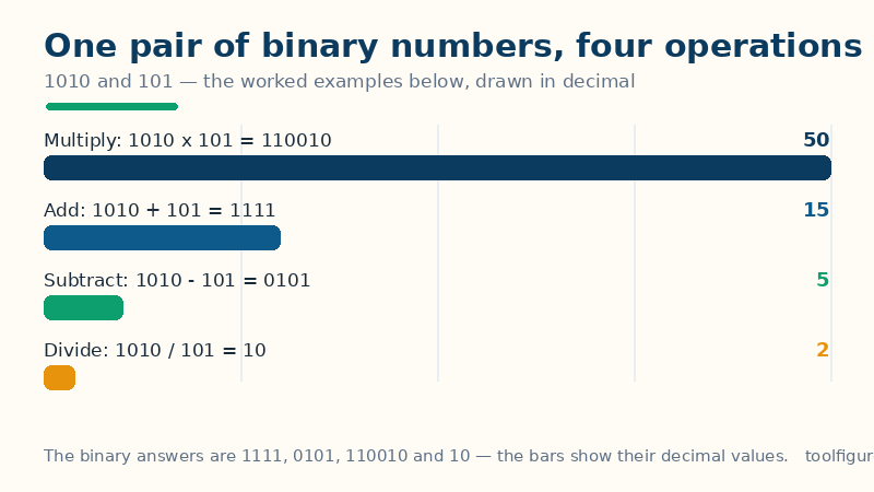 Bar chart of the four operations on the worked example pair 1010 and 101, drawn in decimal: multiplication gives 50, addition 15, subtraction 5 and division 2