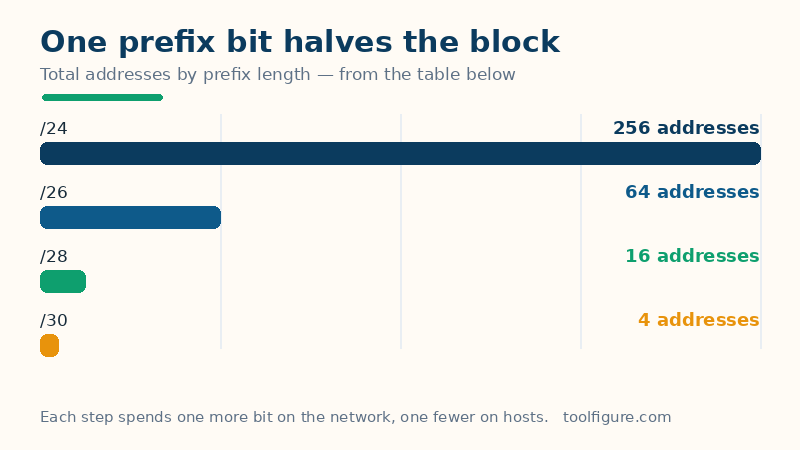 Bar chart of total addresses by prefix length: a /24 subnet holds 256 addresses, a /26 holds 64, a /28 holds 16 and a /30 holds 4 — every extra prefix bit halves the block